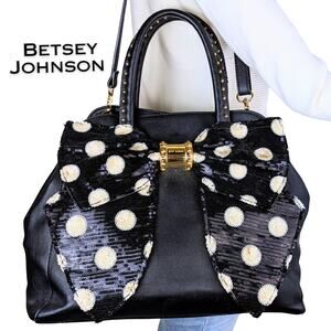 Betsey Johnson Sequin Polka Dot Bow Convertible Crossbody Satchel Bag Blk White
